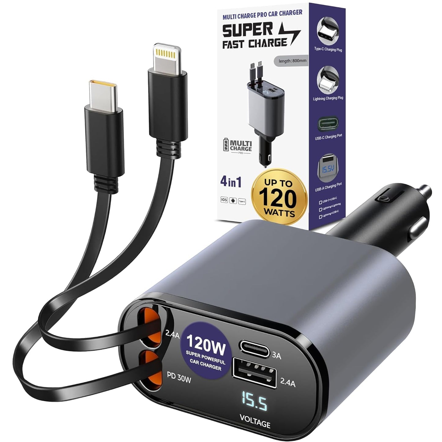 4-in-1 Car Fast Charger 120W | PD + QC | Super Fast Charging for iPhone, Samsung & Android