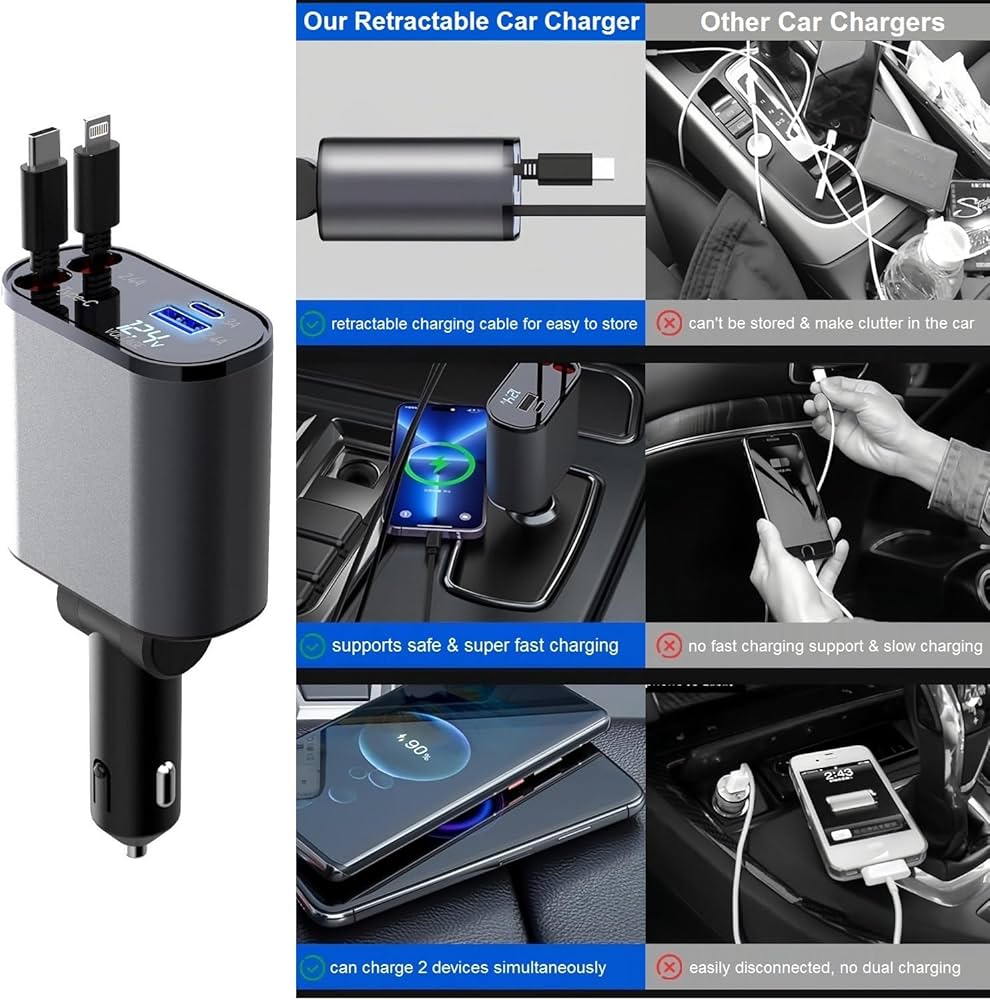 4-in-1 Car Fast Charger 120W | PD + QC | Super Fast Charging for iPhone, Samsung & Android