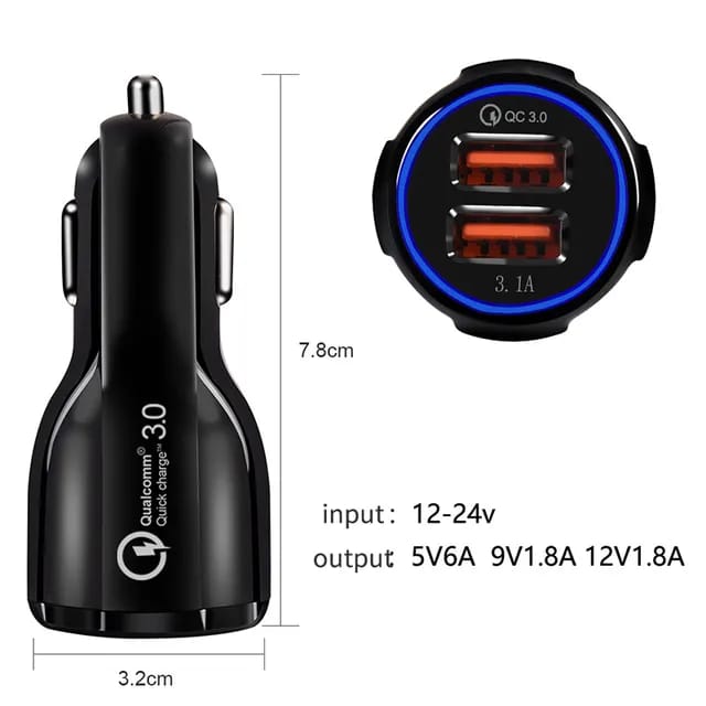 High Quality 2 USB Port Car Charger 5V 3.1A Quick Charge 3.0 Car Charger